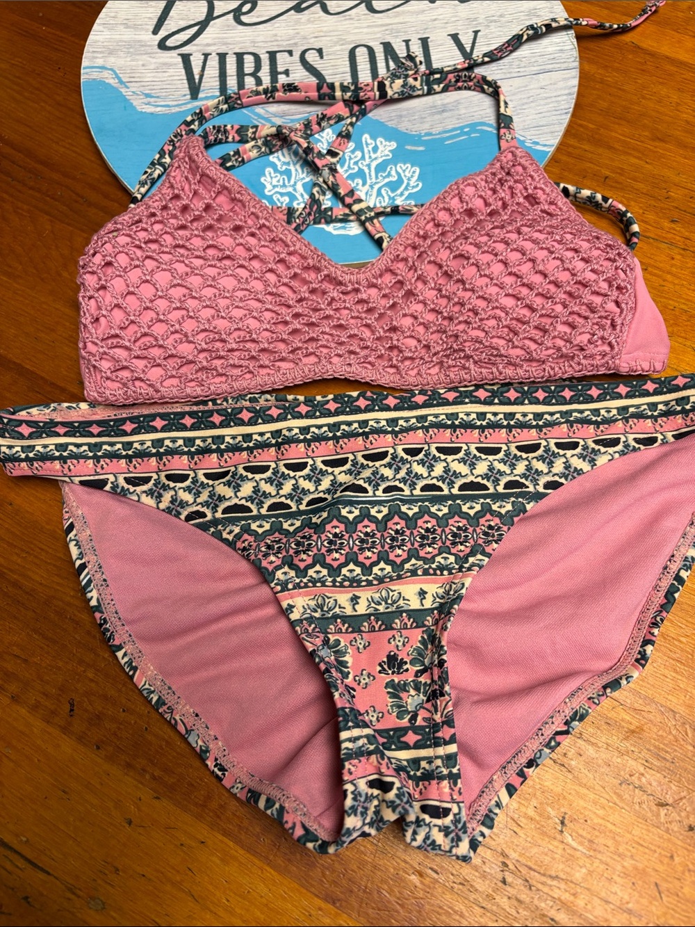 Pink Blush Crochet Top & Printed Bikini Bottoms Two-Piece Swim Set